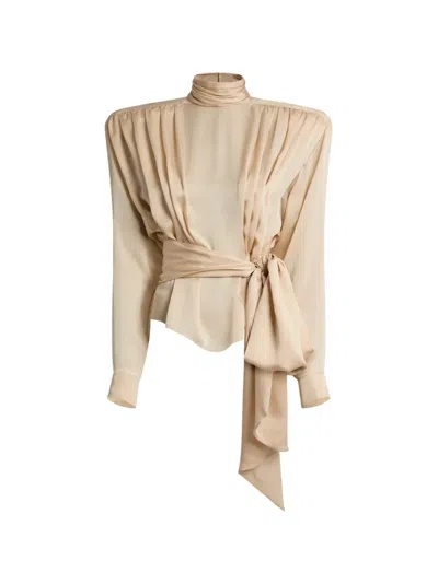 Balmain Silk Chiffon Blouse With Padded Shoulders And Tie In Brown