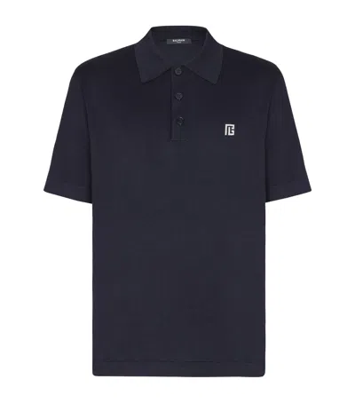 Balmain Navy Embroidered Cotton Polo In Blue