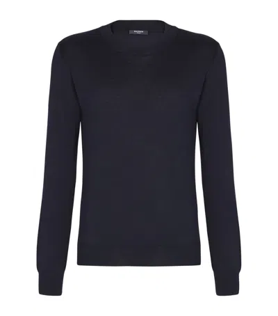 Balmain Silk-cotton Monogram Sweater In Blue