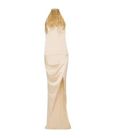Balmain Silk Halterneck Dress With Sand Effect Embroidery In Neutral