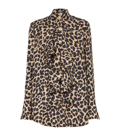 BALMAIN SILK LEOPARD RUFFLED SHIRT