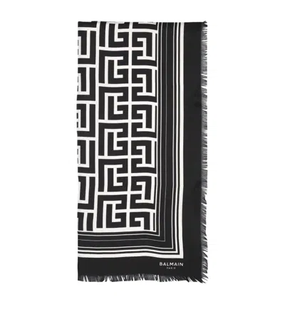 Balmain Silk Reversible Monogram Scarf In Black