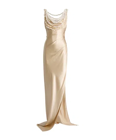 Balmain Shell Garland Draped Silk Gown In Gold