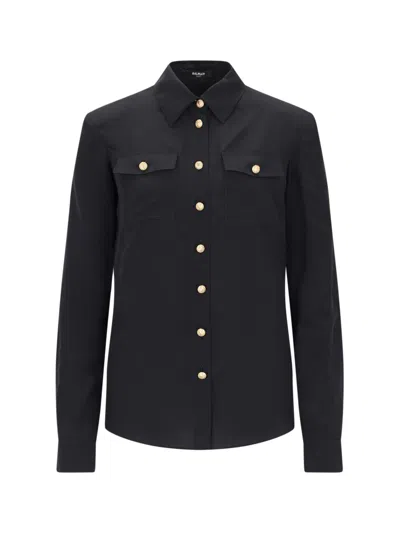 Balmain Shoulder-pads Button-up Silk Shirt In Green