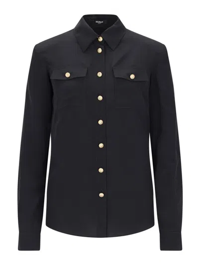Balmain Shoulder-pads Button-up Silk Shirt In Green