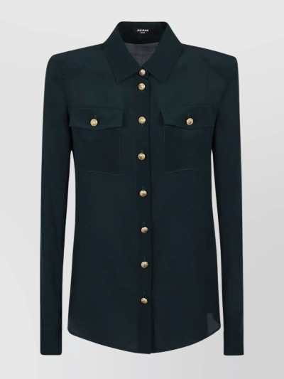 Balmain Silk Shirt With Buttoned Patch Pockets In Black