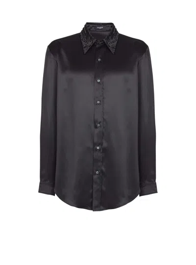 Balmain Silk Shirt With Crystals In Black