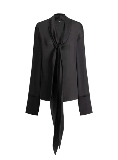 Balmain Silk Shirt With Tie Collar In Black