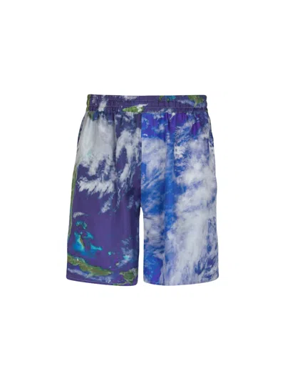 Balmain Silk Shorts With Earth Print In Blue