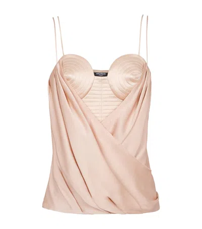 Balmain Draped Silk-satin Bustier Top In Neutral
