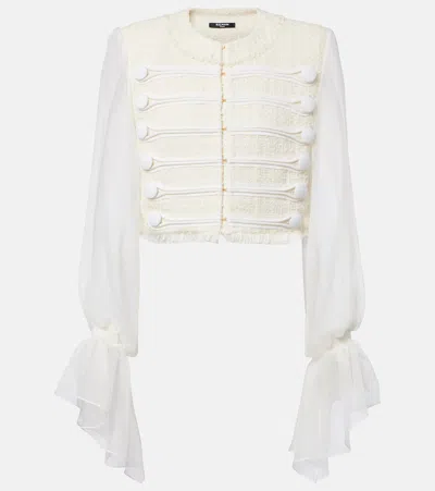 Balmain Silk-trimmed Bouclé Jacket In White