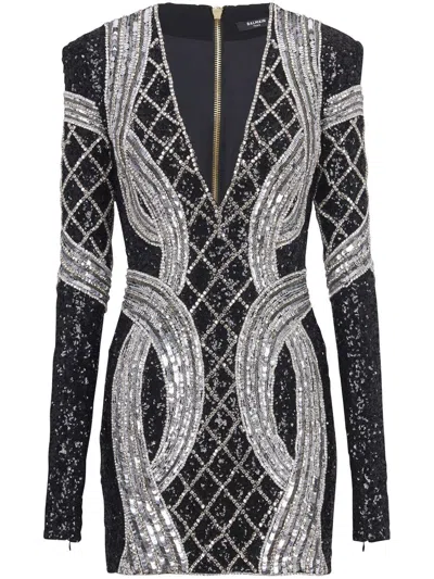 Balmain Silver All-over Embroidered Dress In Black