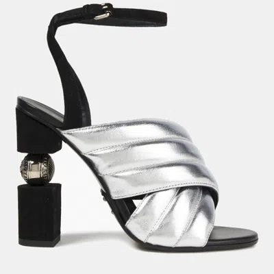 Pre-owned Balmain Silver And Black Leather And Suede Sandals Size 36