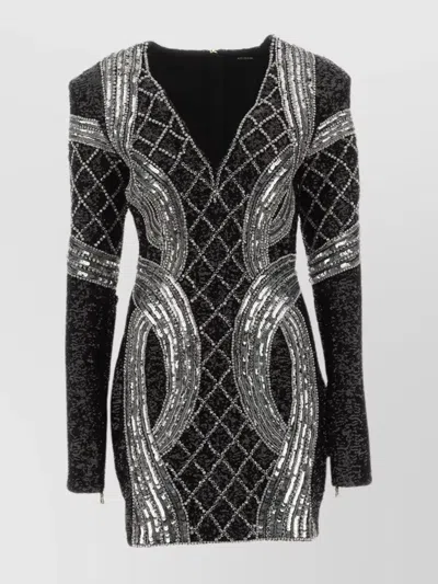 Balmain Silver Embroidered V-neck Dress In Black