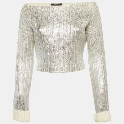 Pre-owned Balmain Silver Metallic Coated Rib Knit Sweater S