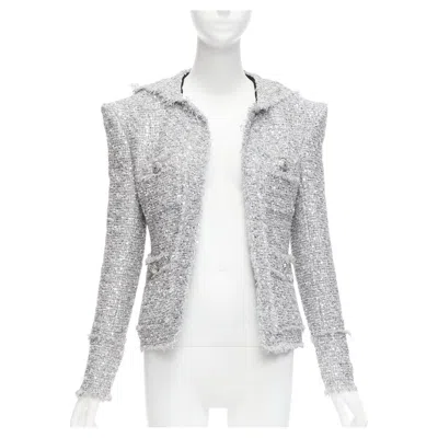 Pre-owned Balmain Silver Sequinned Boucle Tweed Hooded Power Shoulder Jacket Fr36 S