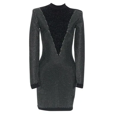 Balmain Silver Thread Fluffy Military Button Bodycon Dress In Black