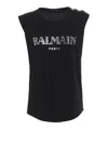 Balmain Silver-tone Logo Print White Cotton Tank Top In Black