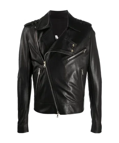 Balmain Silver Zip-detail Biker Jacket In Black