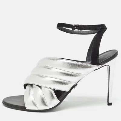 Pre-owned Balmain Silver/black Quilted Leather And Suede Ankle Strap Sandals Size 40