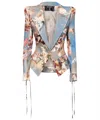 Balmain Patterned Linen 1-button Blazer With Lace-up Details In Blue