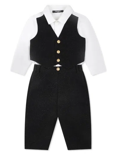Balmain Babies' Single-breasted Cotton Suit In Black