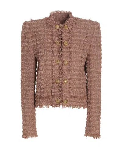 Balmain Single-breasted Tweed Jacket In Brown