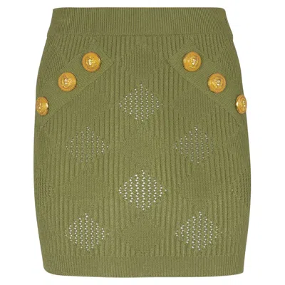 Balmain Six Button Vichy Knit Short Skirt In Green