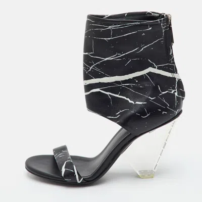 Pre-owned Balmain Size 36.5 Black Carrara Marble Print Leather Open Toe Ankle Cuff Sandals