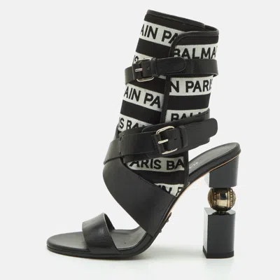 Pre-owned Balmain Size 37 Black Leather And Fabric Logo Paneled Ankle Strap Sandals