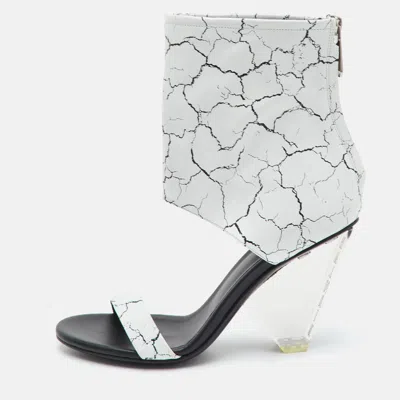 Pre-owned Balmain Size 37 White Carrara Marble Print Leather Open Toe Ankle Cuff Sandals
