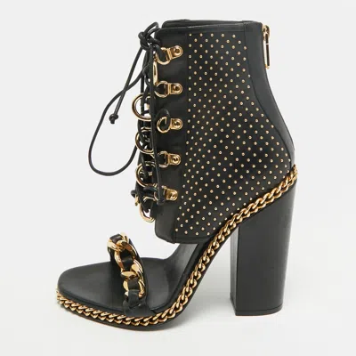 Pre-owned Balmain Size 39 Black Leather Studded Open Toe Ankle Length Boots