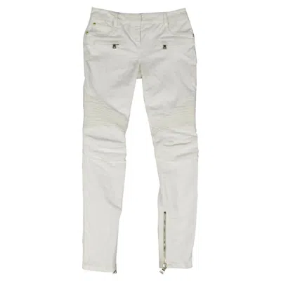 Pre-owned Balmain Size 4 White Cotton Gold Zip Moto Jeans