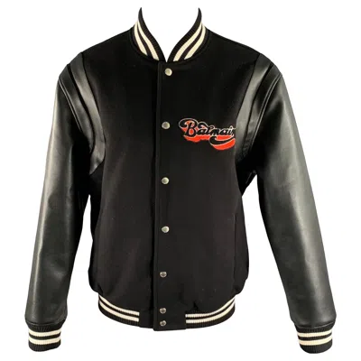 Pre-owned Balmain Size 40 Black Red White Patch Wool Faux Leather Varsity Jacket
