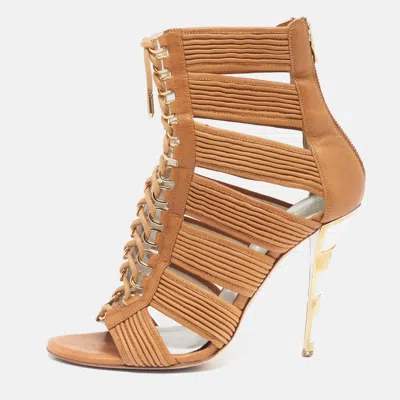 Pre-owned Balmain Size 40.5 Brown Leather Ankle Strap Sandals