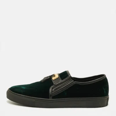 Pre-owned Balmain Size 43 Green/black Leather Velvet Slip On Sneakers