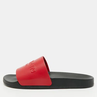 Pre-owned Balmain Size 44 Monogram Embossed Leather Flat Slides In Red