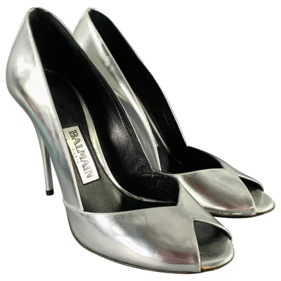 Pre-owned Balmain Size 6 Silver Patent Leather Peep Toe Heels Pumps In Black