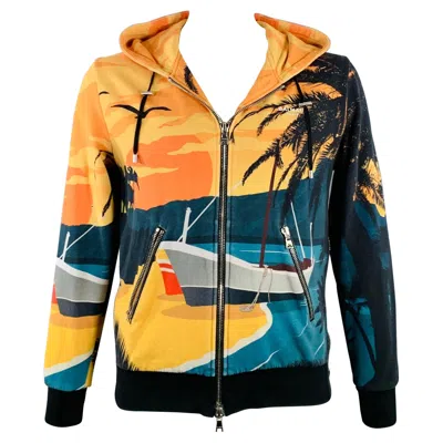 Pre-owned Balmain Size L Black Orange Blue Tropical Cotton Hooded Zip Up Sweatshirt
