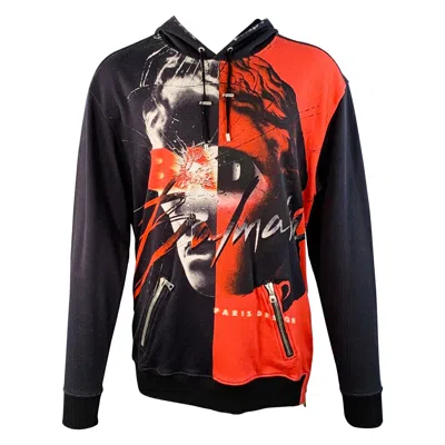 Pre-owned Balmain Size M Black Red White Graphic Cotton Hoodie Sweatshirt