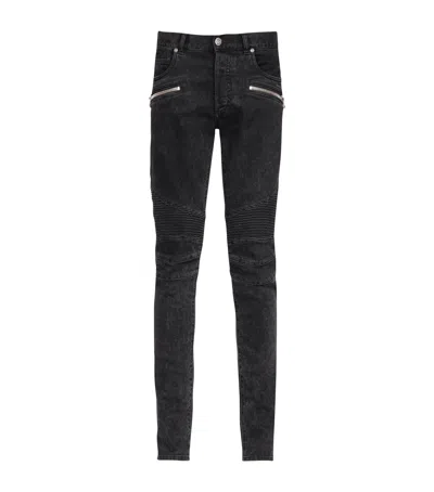 Balmain Slim Cut Ripped Cotton Jeans In Black