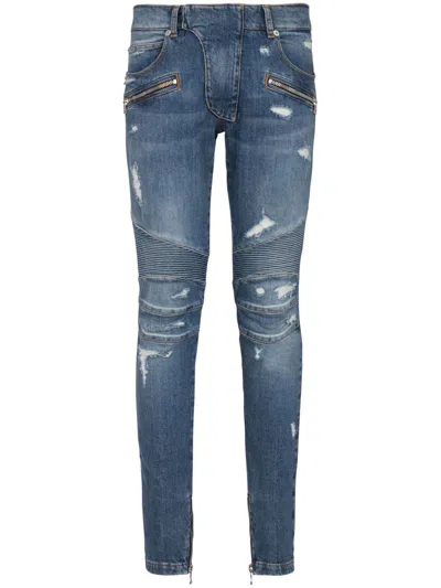 Balmain Skinny Jeans With A Worn Effect In Blue