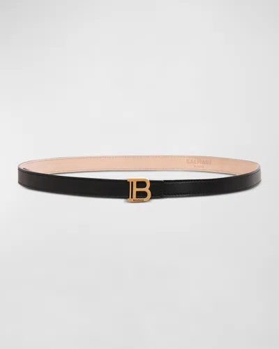 Balmain Skinny Leather & Brass B-belt In Noir