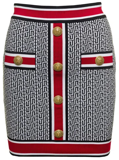 BALMAIN MULTICOLOUR KNITTED MINI SKIRT WITH 'MONOGRAM' DETAIL IN VISCOSE WOMAN