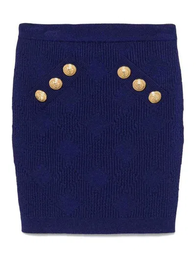 Balmain Blue Mini Skirt With Jewel Buttons In Viscose Blend Woman