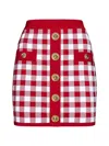 Balmain Button-embellished Gingham Jacquard-knit Mini Skirt In Rouge/blanc
