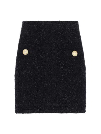 Balmain Black Pencil Mini Skirt With Jewel Buttons In Tweed Woman