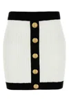 Balmain Button-embellished Two-tone Ribbed-knit Mini Skirt In White