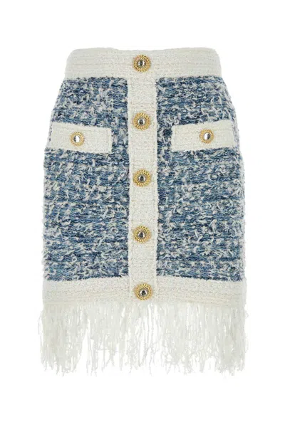 Balmain Mini Blue Denim Tweed Skirt