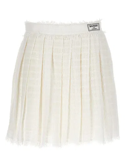 Balmain Tweed High-waisted Pleated Mini Skirt In White